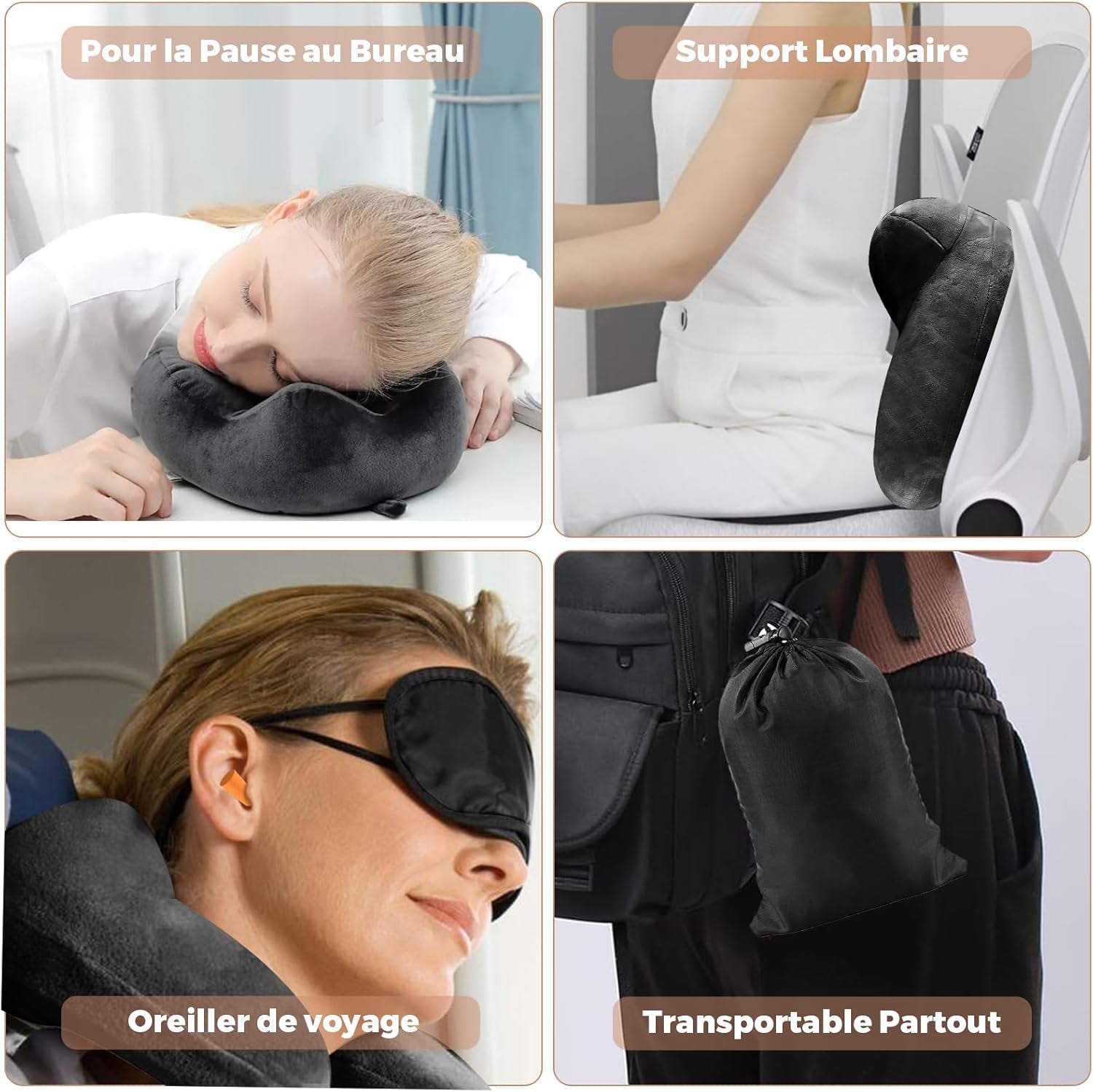 Oreiller de Voyage Gonflable, Oreiller de Voyage avec Masque de Sommeil + Bouchons d'Oreilles + Sac de Transport, Super Léger et Portable, Idéal pour Avion, Voiture, Maison, Bureau, Noir Naty Shop Oreillers de Voyage