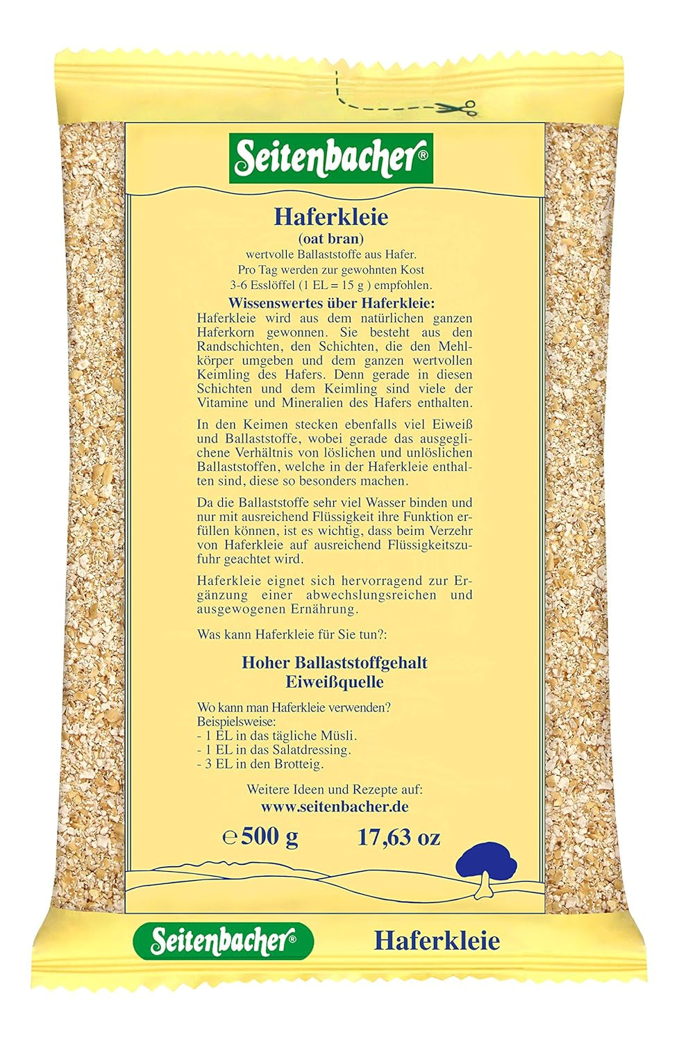 Seitenbacher Haferkleie I High Protein Gehalt I High Ballaststoff Gehalt I (1X 500 G ) Céréales Naty Shop 500 G (1Er Pack)