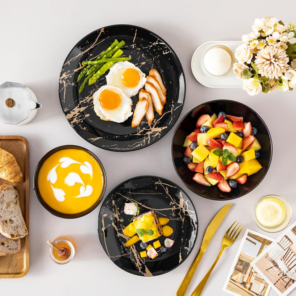 LOVECASA Ensemble de vaisselle en porcelaine série Daphné SWEET Ensemble combiné de 24 pièces Assiettes à dîner design doré Assiettes à dessert Bols à céréales et assiettes à dîner pour 6 personnes