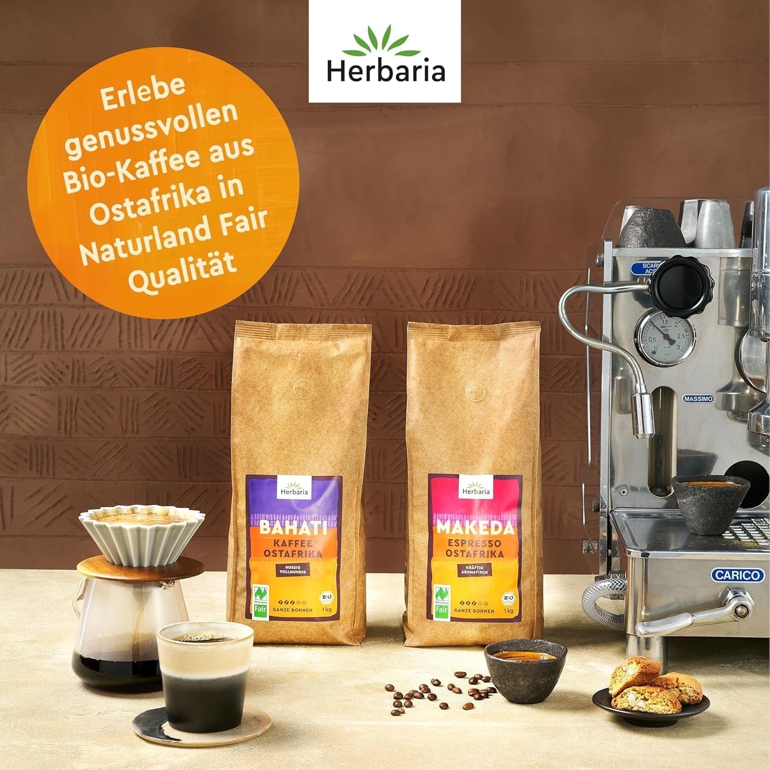 Herbaria MAKEDA Espresso En Grains Bio 1Kg - Certifié Naturland Fair d'Afrique de l'Est - Arômes torréfiés avec cacao et notes de bois de chêne - grains de café biologiques parfaits pour les filtres portables et les machines à café automatiques Cafea Naty Shop