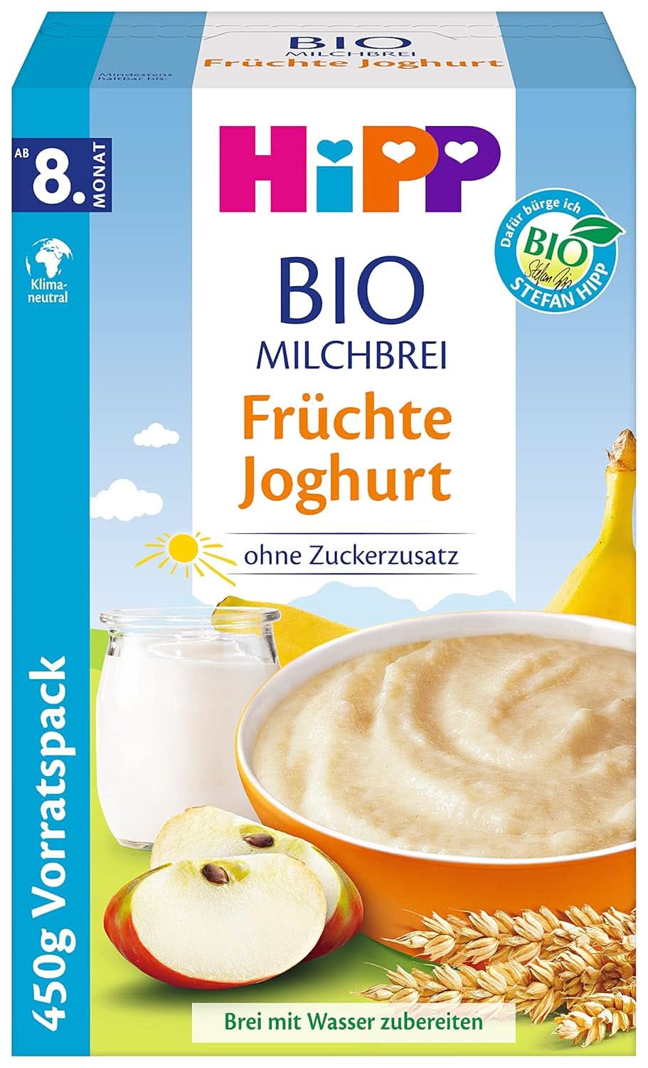 Bouillie de lait biologique Hipp sans sucre ajouté, semoule et banane, emballage de conservation (4X450 grammes) Mère et Enfant Naty Shop 4 x 450 grammes Yaourt et fruits