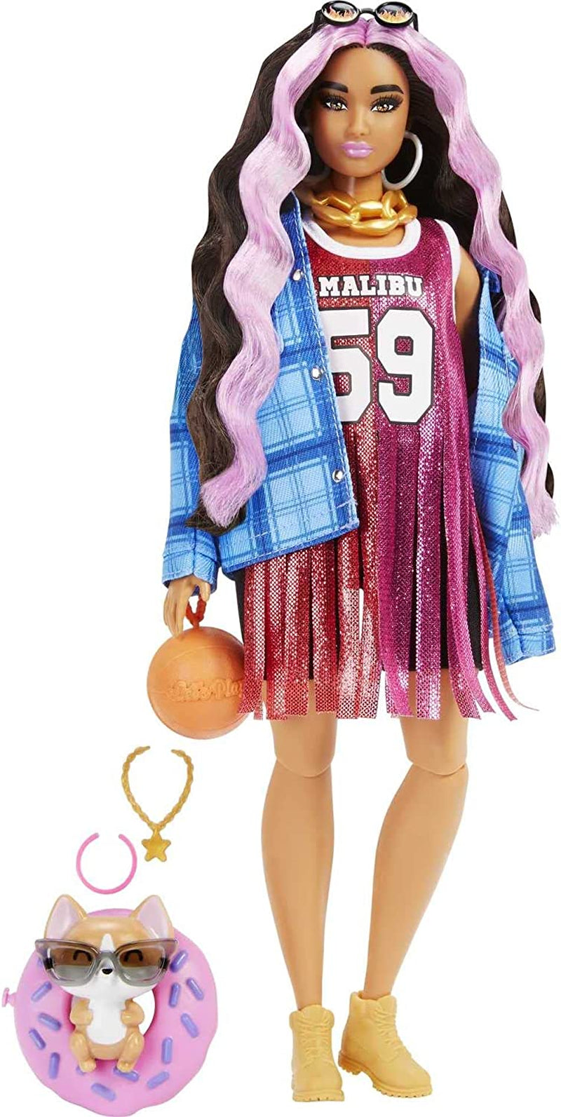 Barbie HDJ46 - Poupée supplémentaire en robe avec maillot de basket et accessoires, avec animal Corgi, cheveux bouclés extra longs avec mèches roses et articulations flexibles, jouet cadeau pour poupées à partir de 3 ans Naty Shop Boots