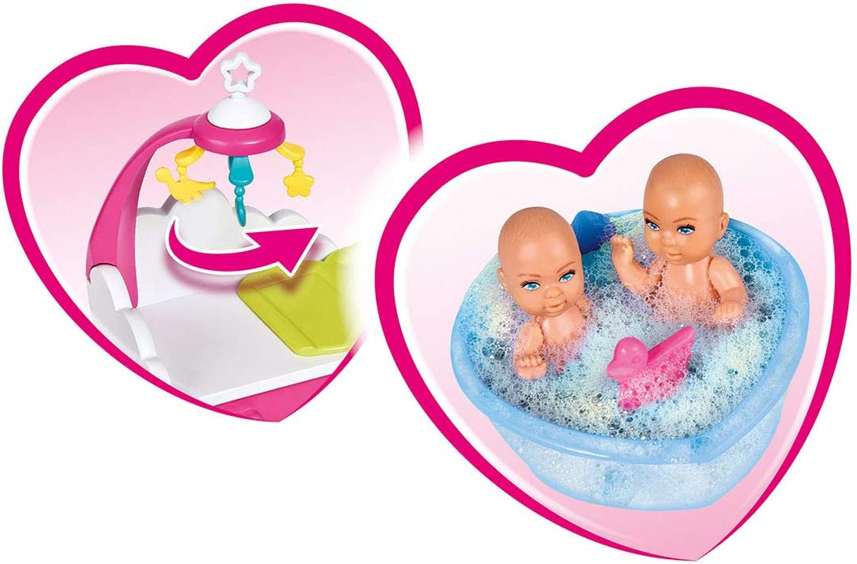 Simba 105733333 - Steffi Love Welcome Twins, poupée enceinte avec jumeaux, table à langer et baignoire, accessoires, poupée mannequin, 29 cm, pour enfants de 3 ans et plus