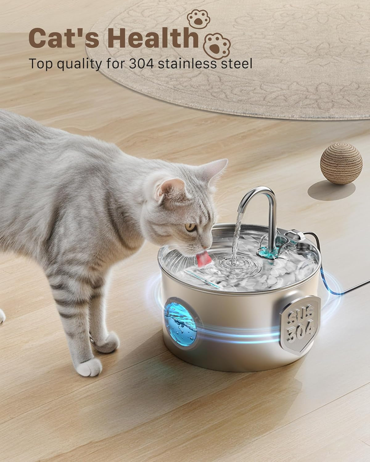 Katzenbrunnen Edelstahl Trinkbrunnen für Katze: Katzenbrunnen für Katzen - 2.2L Ultra leise Wasserbrunnen für Katzen - Katzentrinkbrunnen für Hunde mit Wasserstandsfenster - Enhtält keinen EU-Adapter