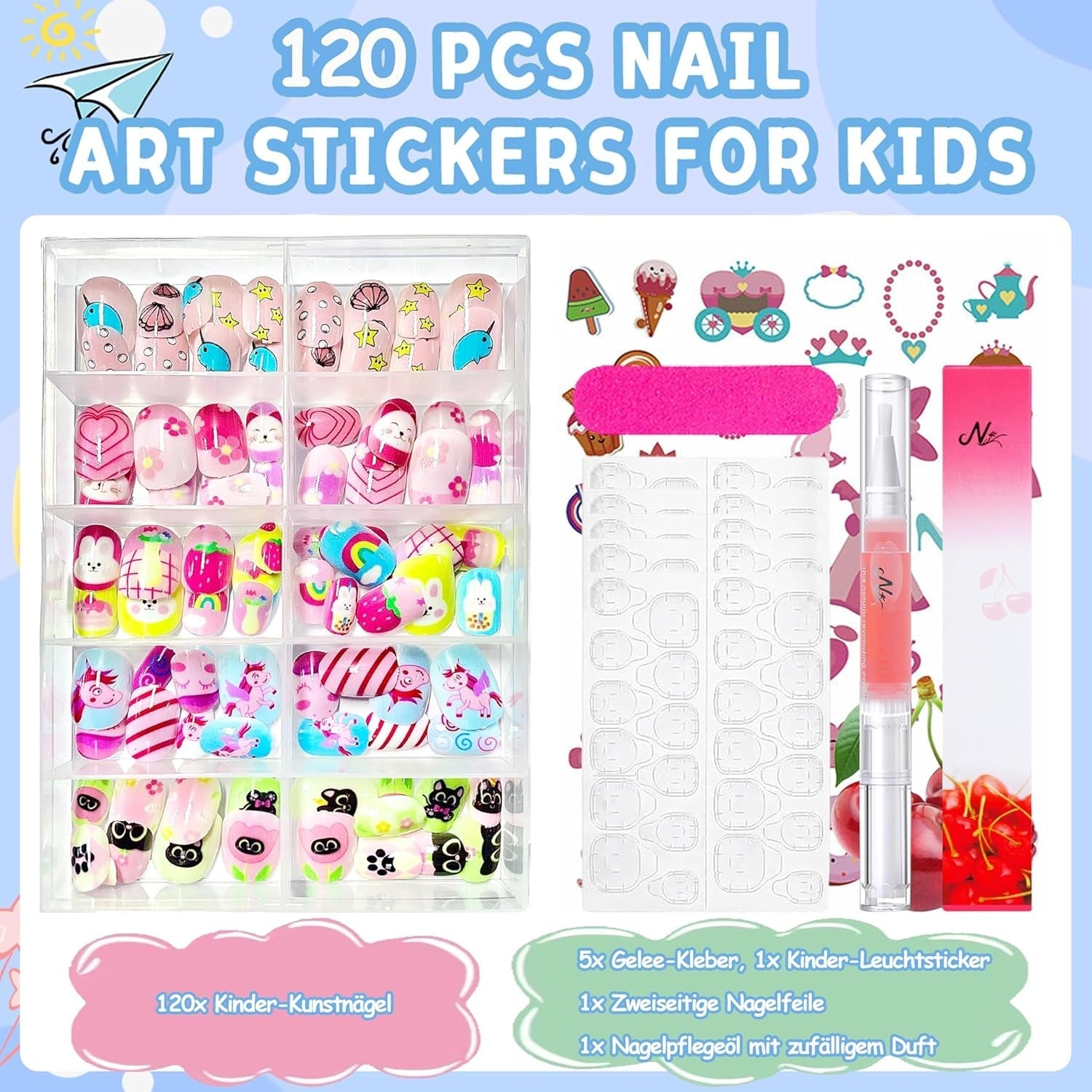 Ensemble de faux ongles – 120 pièces d'ongles autocollants pour enfants avec colle à ongles, ensemble d'ongles artificiels autocollants à couverture complète, faux ongles pour filles avec petites mains (couleur A, 120X)