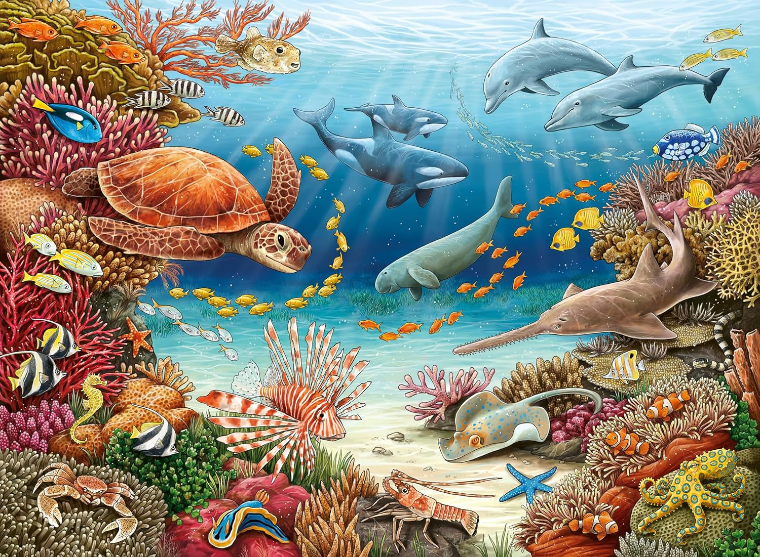 Puzzle pour enfants Ravensburger 13411 - Créatures marines sur la barrière de corail - Pourquoi ? Pourquoi? Pourquoi? Puzzle 150 pièces XXL + poster de connaissances, pour les enfants à partir de 7 ans Puzzle Naty Shop