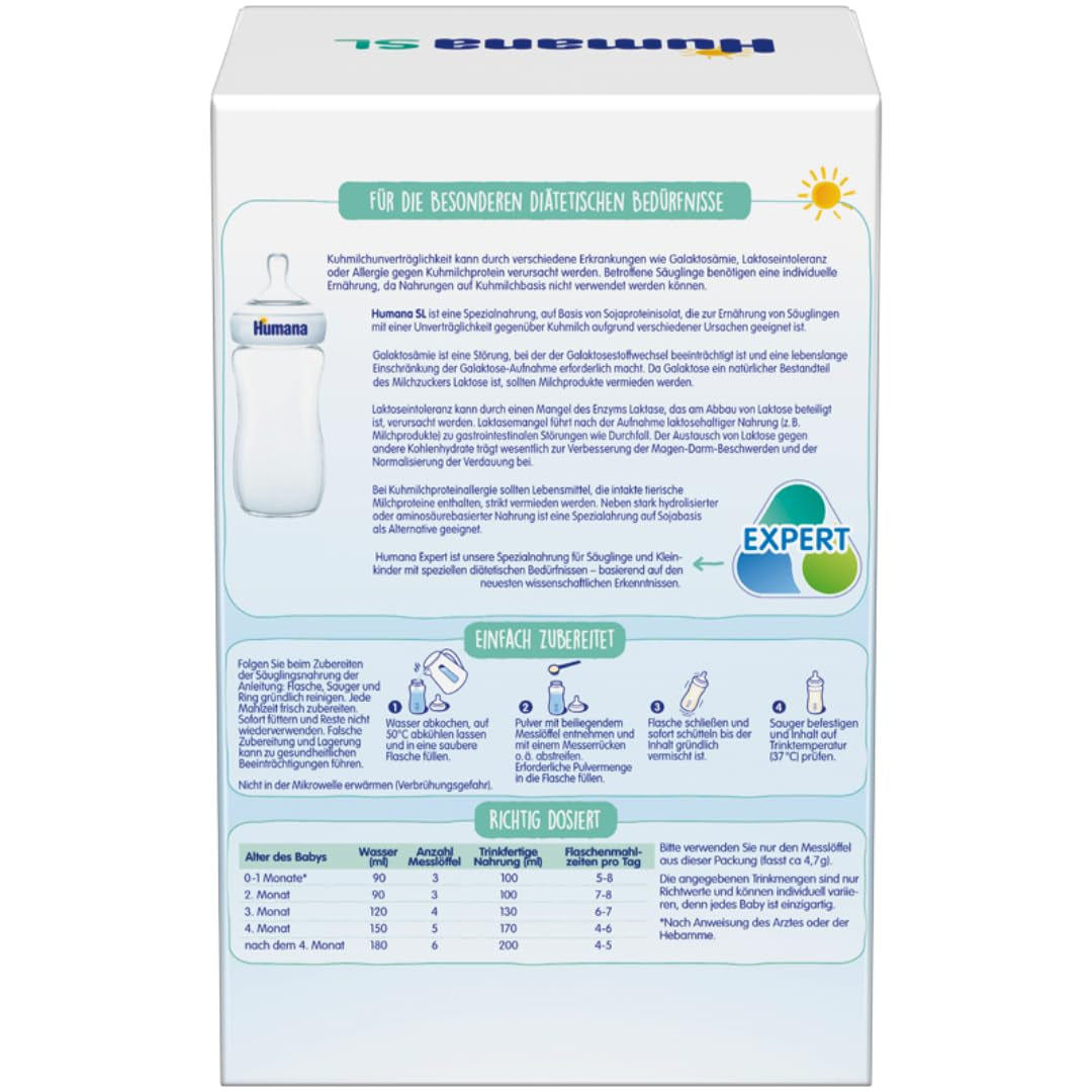 Humana SL Expert, dès la naissance, préparation spéciale pour l'intolérance au lait de vache causée par une intolérance au lactose, une galactosémie ou une allergie aux protéines du lait de vache, pour nourrissons et jeunes enfants, 600 g