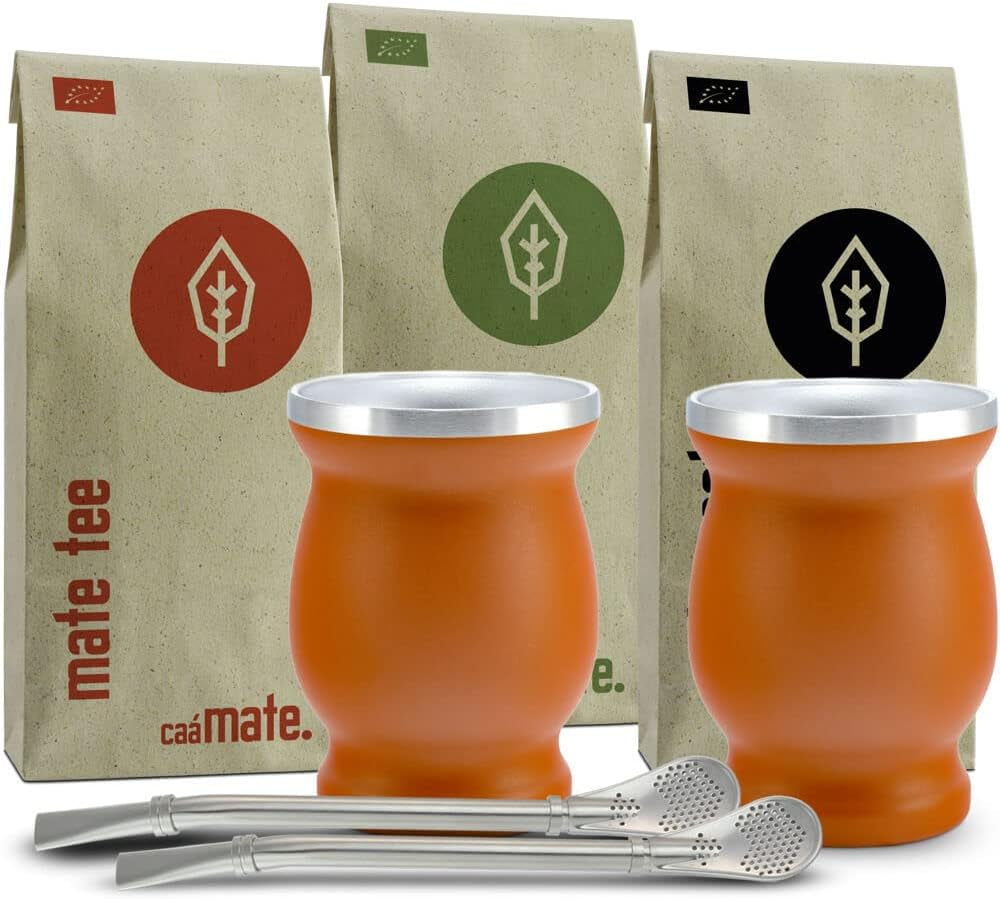 Service à Thé Mate Bio ● 3 Assortiments de Mate + 2 Tasses à Maté Double Paroi en Inox + 2 Bombillas + Instructions d'infusion (Noir)