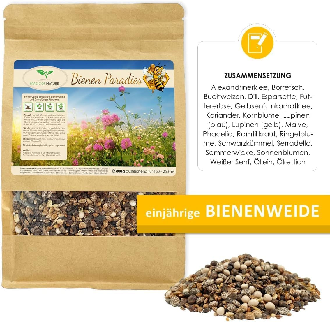 Magie de la Nature 800gr. Blumensamen Mischung - Bienen Paradies - Blumensamen Bienenweide für 150 bis 250 m²
