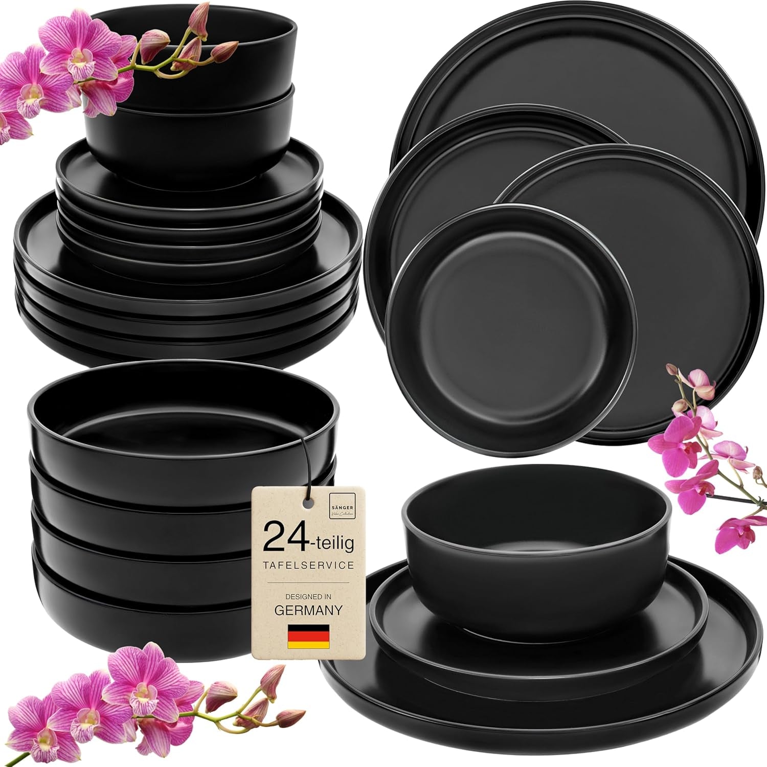 SÄNGER Madère | Service de table combiné 24 pièces, service de table en grès pour 6 personnes, 6 assiettes plates, 6 assiettes de petit-déjeuner, 6 assiettes plates, 6 bols à pâtes, ensemble de vaisselle et de bols, noir mat | LA COLLECTION VALEUR