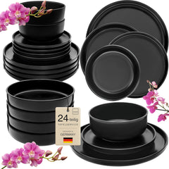 SÄNGER Madère | Service de table combiné 24 pièces, service de table en grès pour 6 personnes, 6 assiettes plates, 6 assiettes de petit-déjeuner, 6 assiettes plates, 6 bols à pâtes, ensemble de vaisselle et de bols, noir mat | LA COLLECTION VALEUR