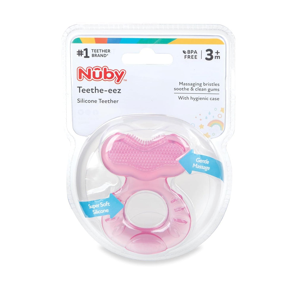 Nuby Teethe-eez Anneau de dentition en silicone souple | Aide à la dentition en silicone avec surface texturée pour masser les gencives | Housse hygiénique incluse | Rose | A partir de 3 mois