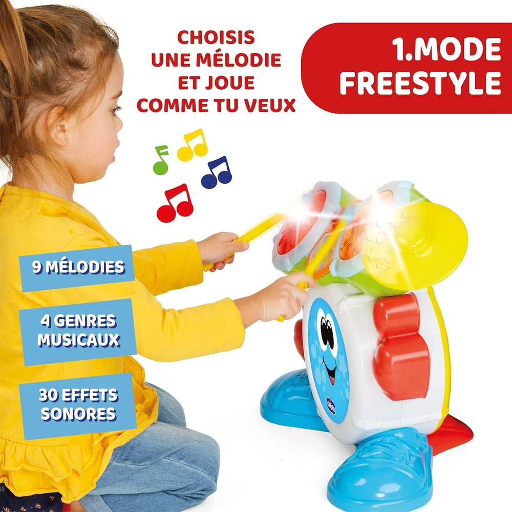 Chicco 00009820100000 Mi First Batterie avec lumières et sons, 3 modes de jeu, instrument de musique avec batterie pour enfants, multicolore, grand Jucarii Bebe Naty Shop
