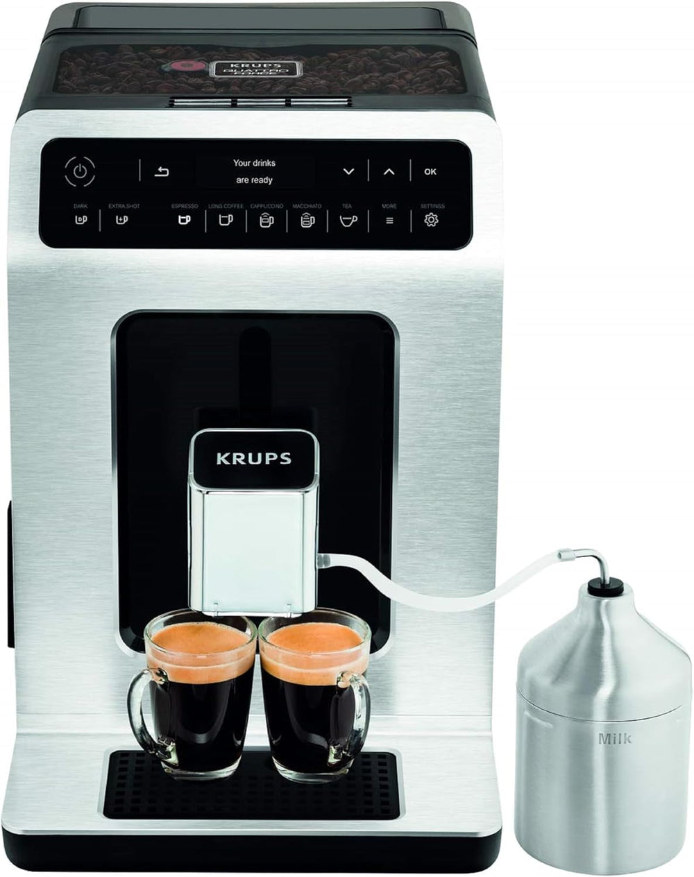 Machine à expresso automatique KRUPS Evidence One avec tuyau à lait, cappuccino à une touche, 12 boissons spéciales, fonction 2 tasses, écran couleur, machine à expresso, certificat TÜV, noir, EA895N10