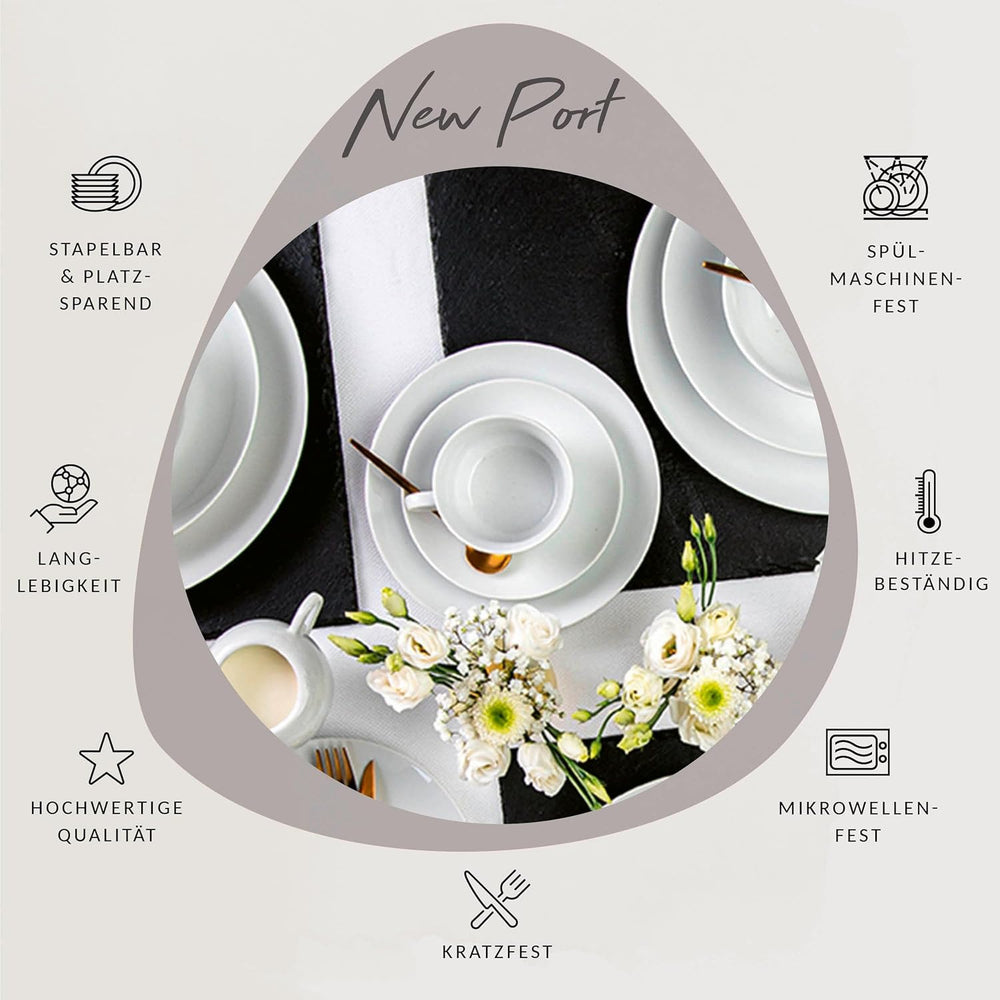 Sänger New Port Ensemble de tasses à café, 12 tasses pour 6 personnes, tasses et soucoupes en porcelaine blanche, 150 ml | LA COLLECTION PREMIUM