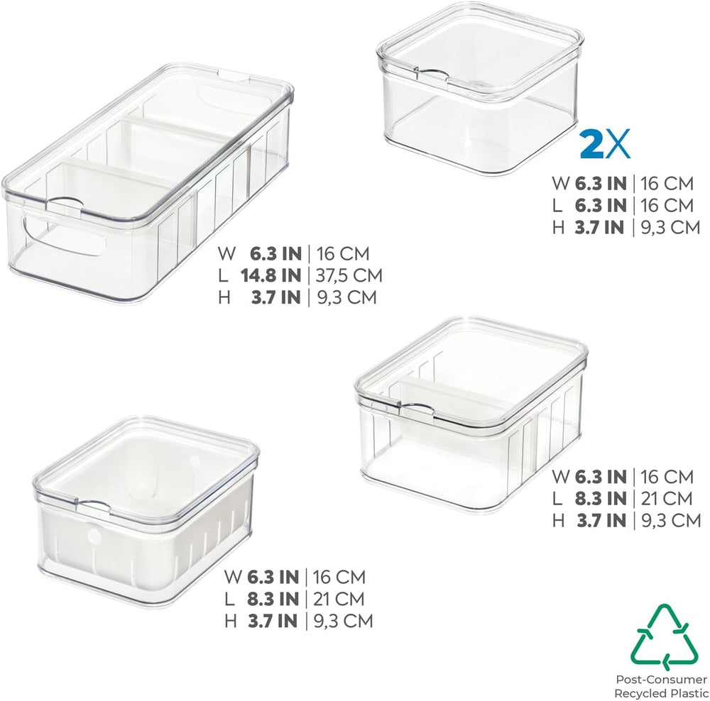 iDesign Lot de 5 boîtes de rangement pour réfrigérateur avec couvercles, boîtes de conservation en plastique recyclé pour organiser les consommables, boîtes de conservation transparentes et blanches Naty Shop