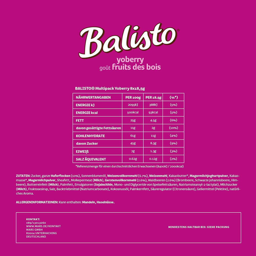 Balisto Chocolate Pack Bulk, Barres de chocolat Yoberry, céréales et yaourt, 8 x 18,5 g, chocolat, barres de muesli, paquet de chocolat en vrac (148 g)