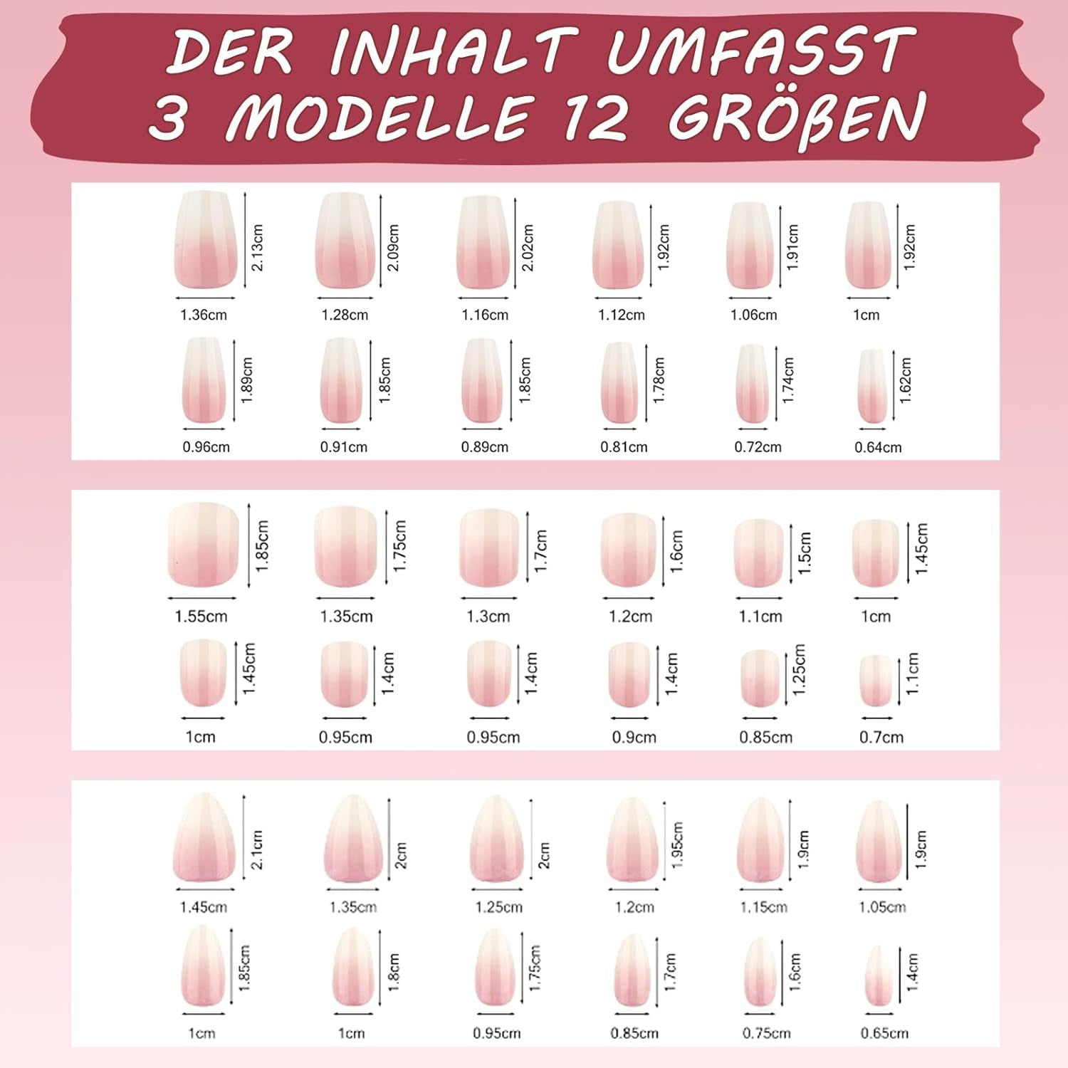 Lot de 288 faux ongles à presser ombrés – Kit de faux ongles artificiels en forme de cercueil moyen carré d'amande – 3 styles dégradés avec colle acrylique pour femmes (ensemble dégradé, 288 pièces)