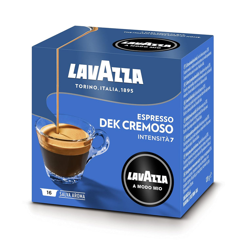 Lavazza A Modo Mio Dek Cremoso, 256 capsules de café, pour expresso décaféiné aux notes aromatiques d'amandes et de canditis, 100% Arabica, intensité 7/13, torréfaction moyenne, 16 paquets