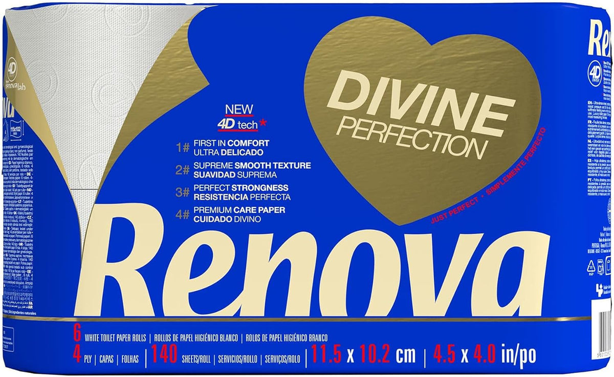 Renova Renova Divine Perfection Papier toilette, 42 rouleaux, papier toilette de qualité supérieure, 4 épaisseurs, ultra doux, extra résistant, épais, doux et absorbant, papier certifié FSC, 4400 g