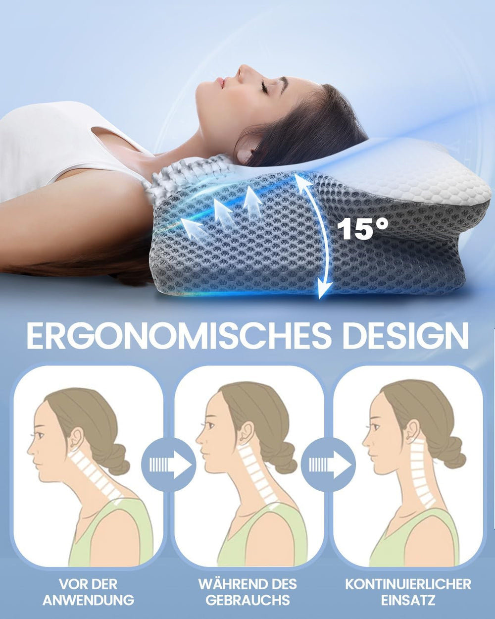 Oreiller cervical 2 en 1 Oreiller en mousse à mémoire de forme Oreiller orthopédique ergonomique 2 hauteurs de couchage Oreiller de soutien du cou pour soutien latéral/dos/ventre Oreillers orthopédiques cervicaux Naty Shop