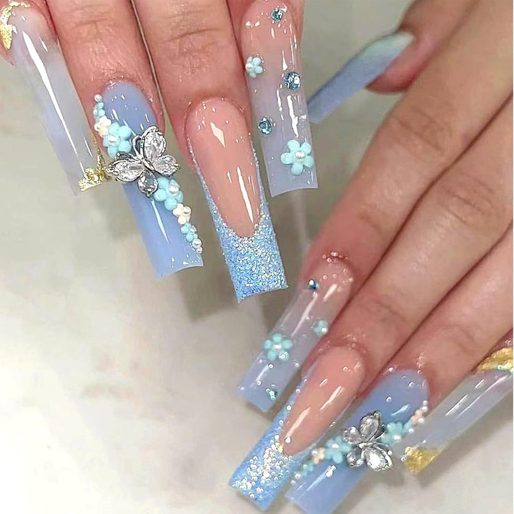 24 pièces papillon bleu ongles artificiels carré presse sur français longues paillettes brillant strass faux ongles conseils