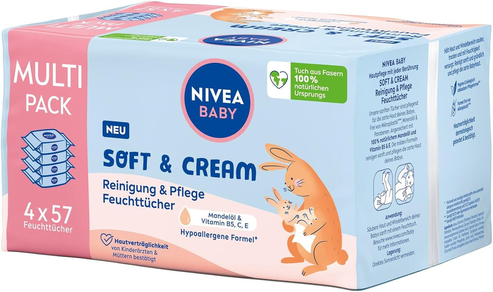 NIVEA BABY Lingettes humides Soft & Cream pour bébé (4 x 57 pièces)