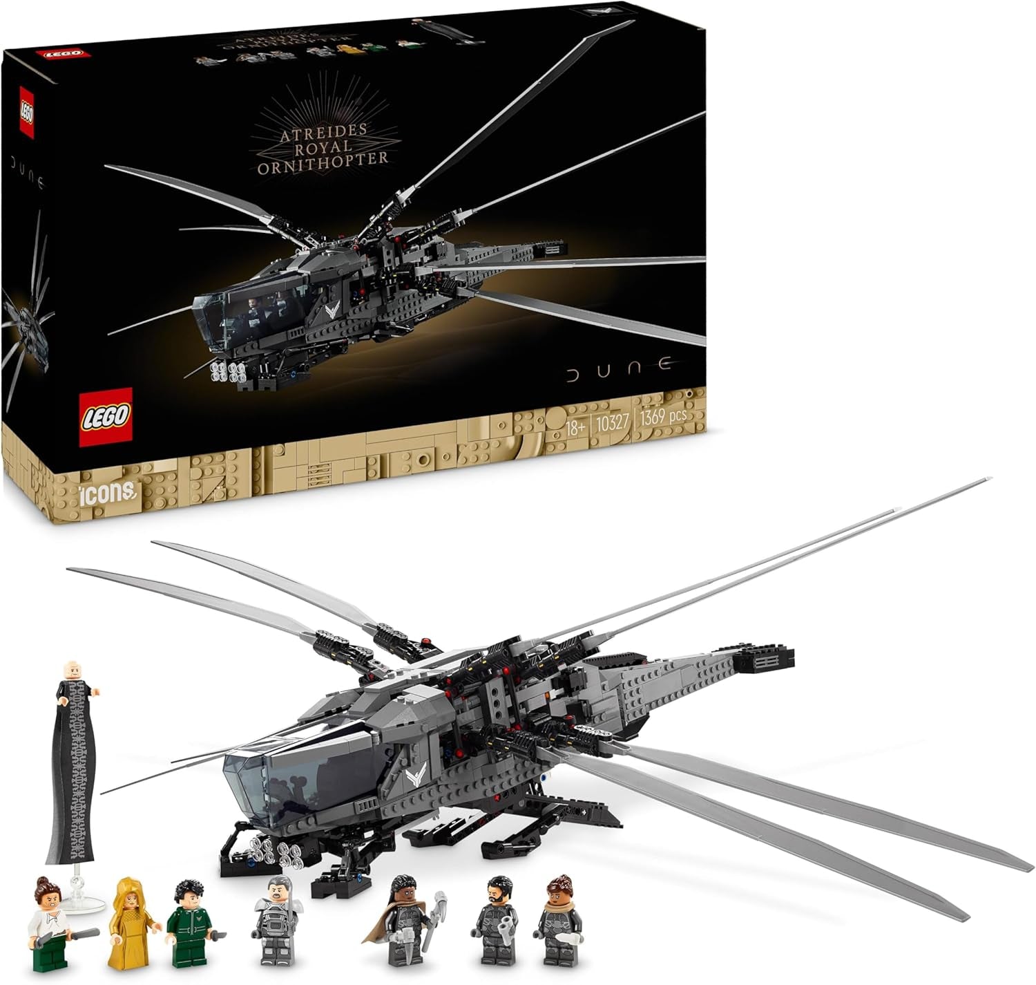 LEGO 10327 Icons Dune Atreides Royal Ornithopter, Set zum Sammeln für Erwachsene, Film-Geschenk für Männer, Frauen und Fans, Modell-Flugzeug mit 8 Figuren, darunter Paul Atreides und Baron Harkonnen