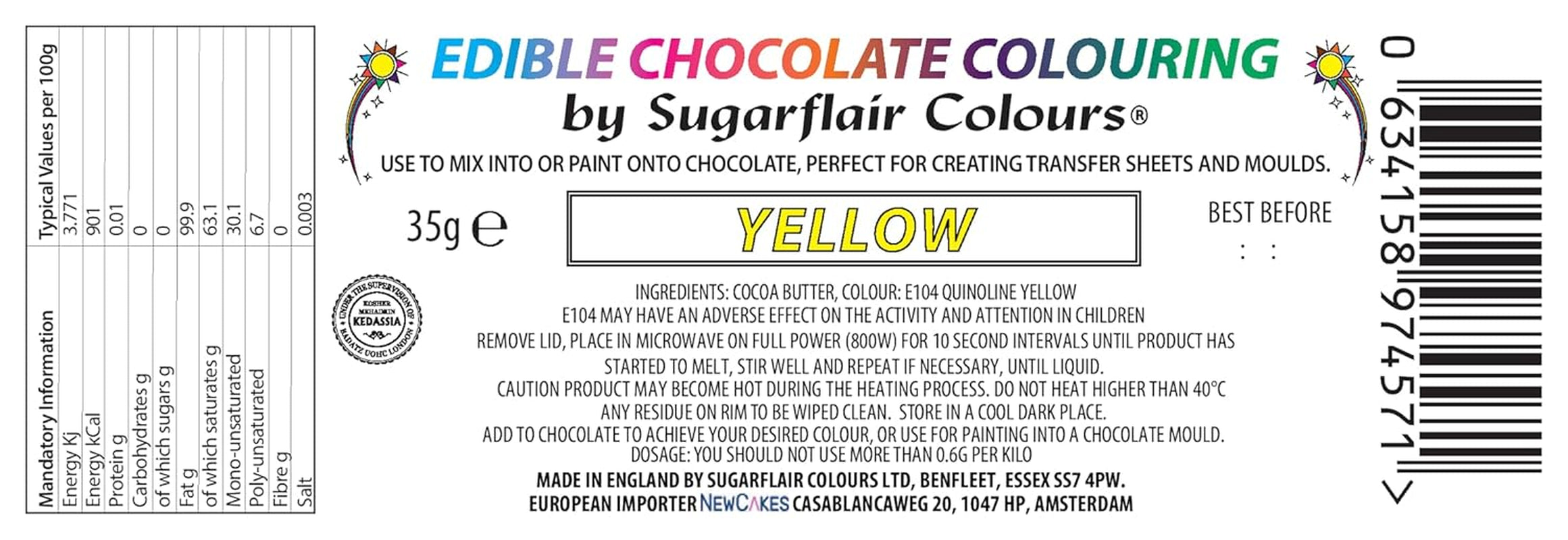 Colorant alimentaire Sugarflair Chocolate Yellow Colorant alimentaire pour chocolat - Beurre de cacao bio coloré, colorant chocolat pour colorer chocolat, pralines - 35g