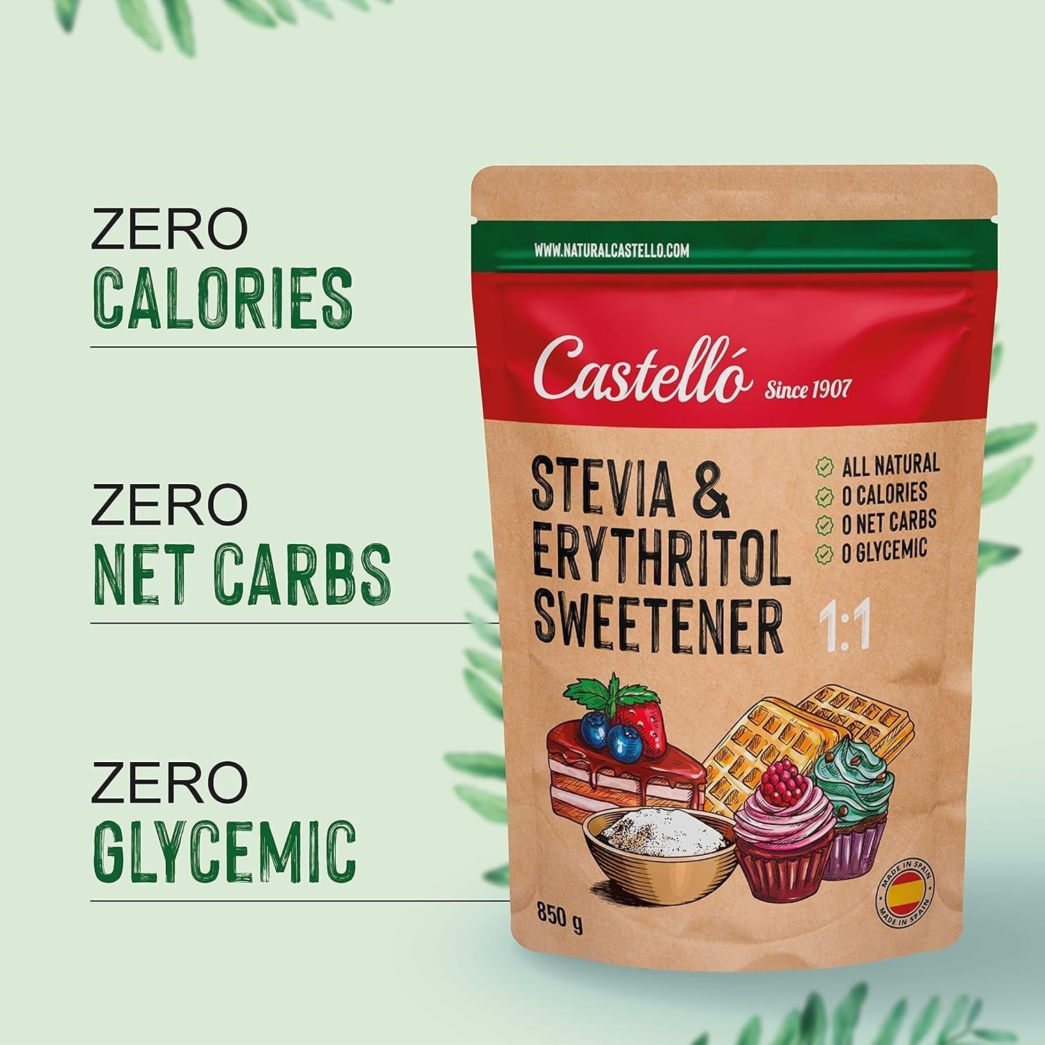 Stevia + Erythritol 1:1 Tissu doux | 1G = 1G Zucker | Ingrédients 100% naturels - 0 calories - 0 indice glycémique - Keto et Paleo - 0 hydrate de sodium net - Kein GVO - Castello depuis 1907-850 G Édulcorants Naty Shop