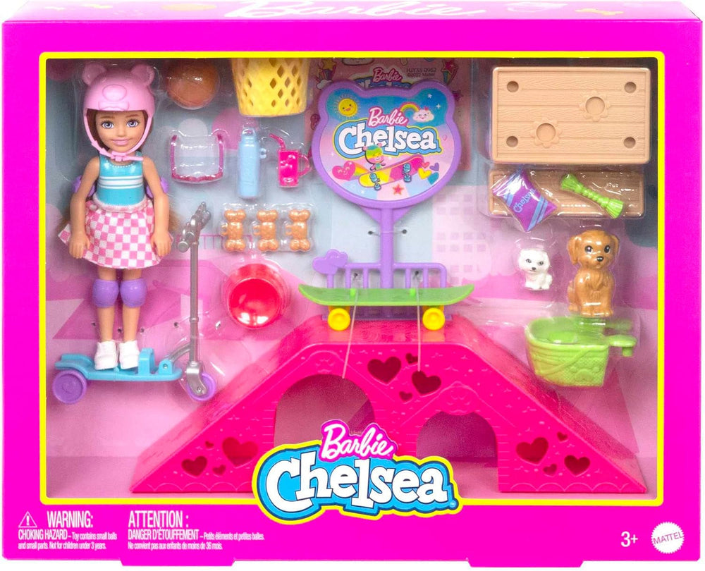 Barbie Chelsea Serie, Chelsea mit braunen Haaren, Roller, Skateboard, Skaterrampe, Hund, Zubehör, 1x Chelsea Puppe, Geschenk für Kinder, Spielzeug ab 3 Jahre,HJY35