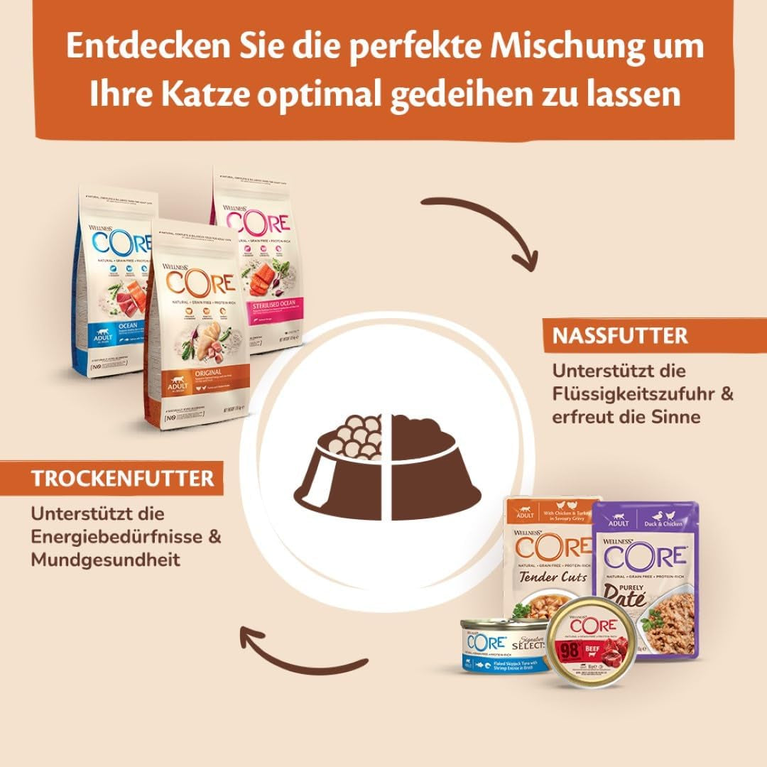 Wellness CORE 98% 12 x 85g, Boeuf - Nourriture humide pour chats, pâté épais, sans céréales, naturelle, hypoallergénique, riche en protéines, riche en viande