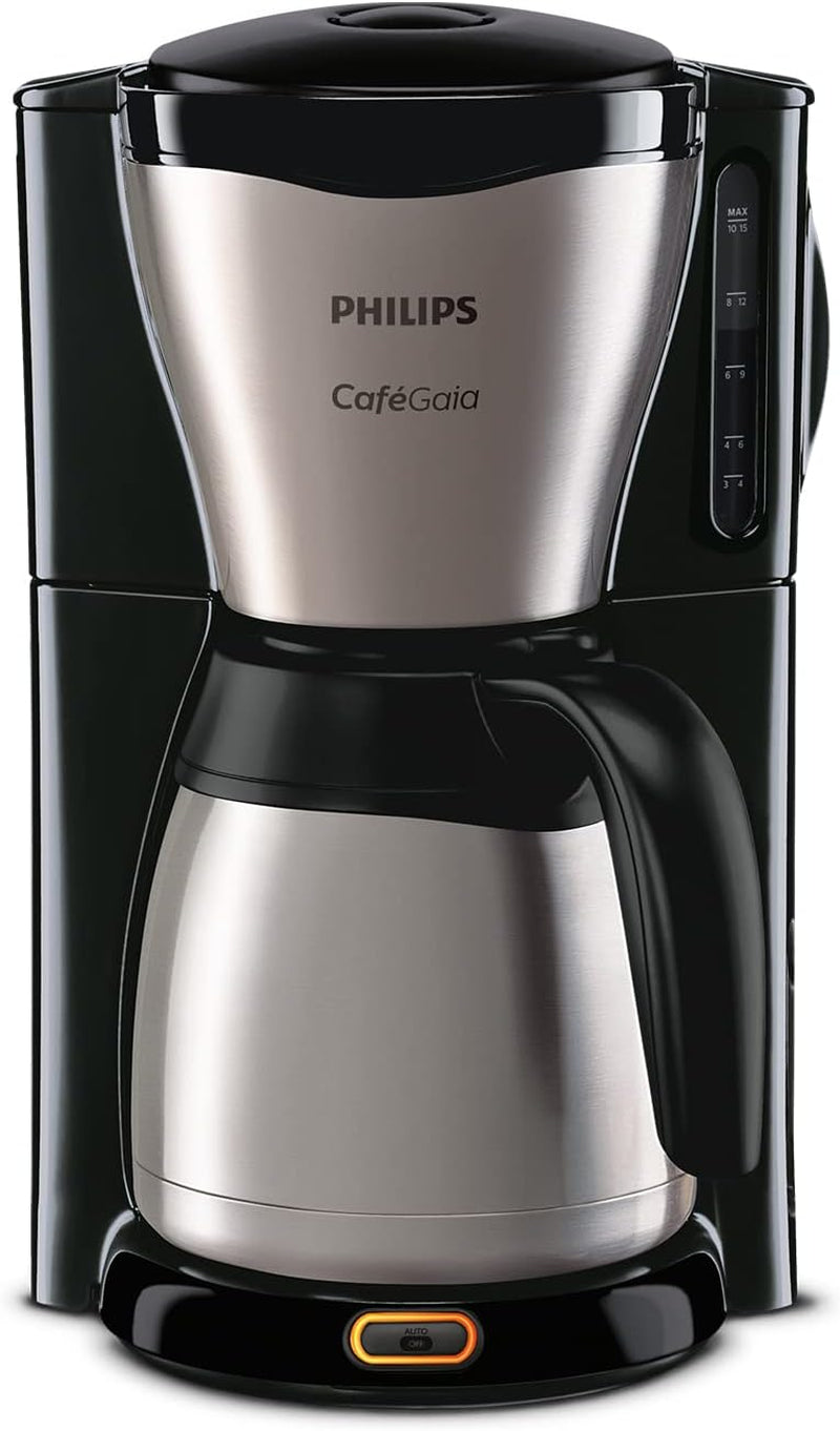 PHILIPS Café Gaia Machine à expresso à filtre - Carafe thermos en acier inoxydable, système anti-goutte, arôme intense, arrêt automatique, 1300 ml, noir (HD7546/20)