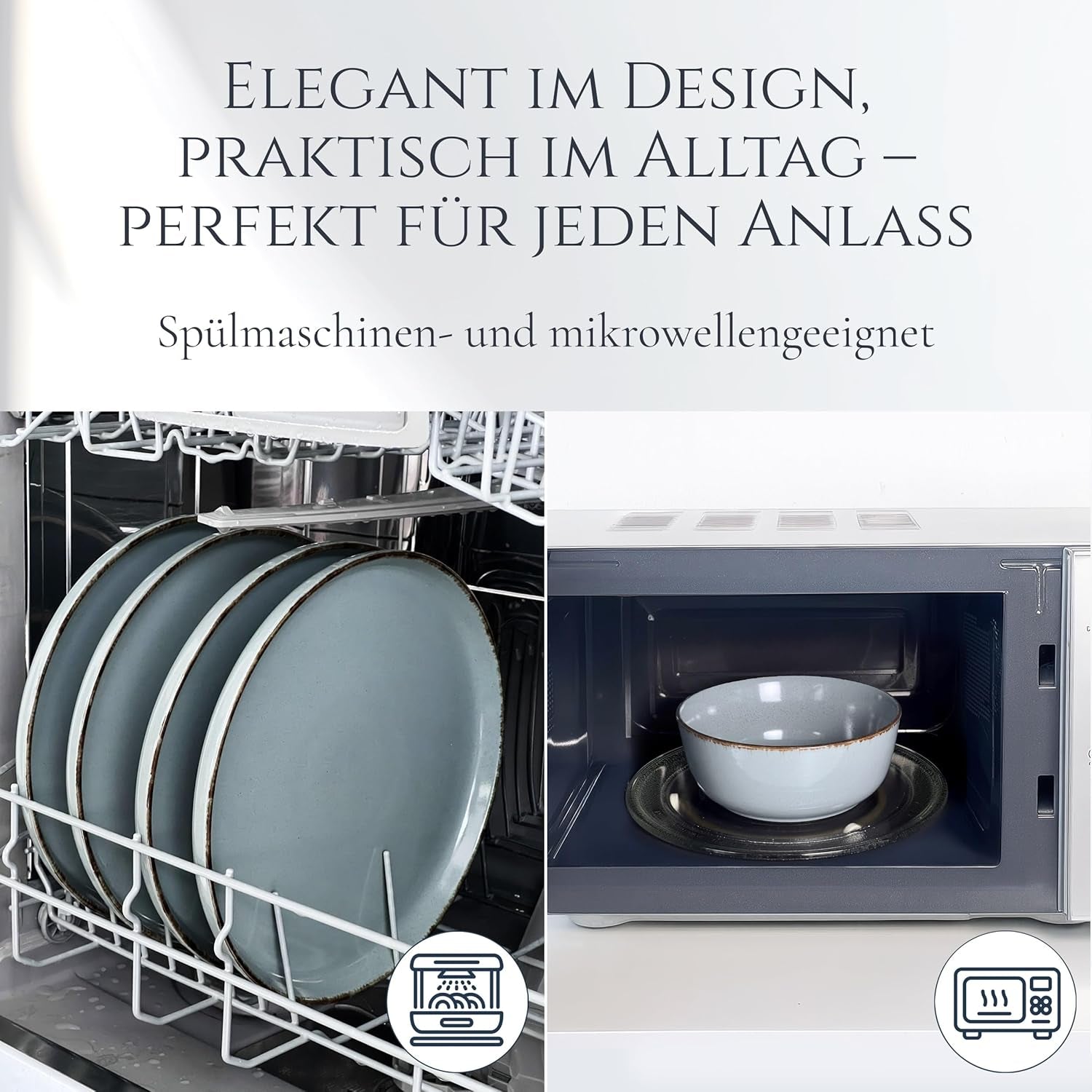 Steingut Geschirrset 6 Personen Rustique 24 tlg. TESTSIEGER, Hochwertiges Landhaussttil Steingut Geschirr Set, Schüssel- und Teller Set, Tafelservice 6 Personen, Geschirrsets Pure Living à Rauchblau