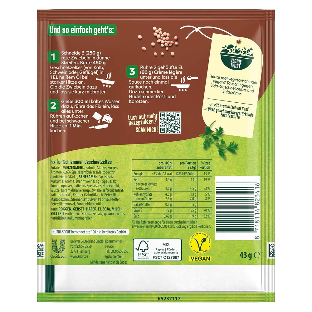 Knorr Fix Würzmischung Schlemmer-Geschnetzeltes für ein leckeres Fleischgericht sans geschmacksverstärkende Zusatzstoffe 43 g 1 pièce