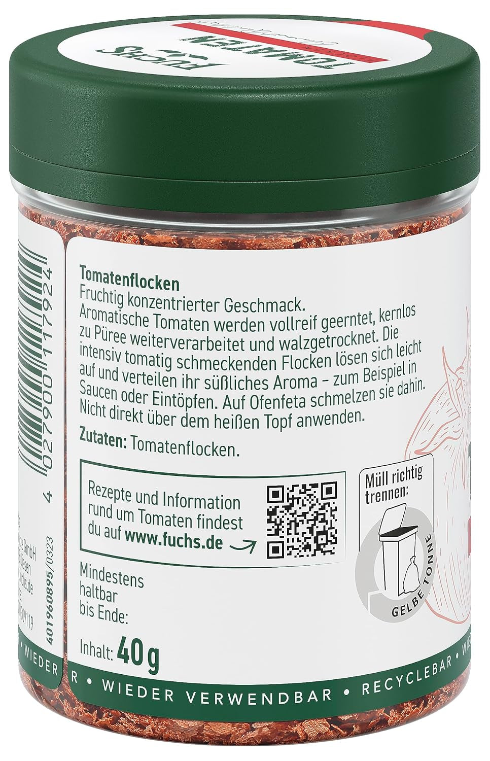 Fuchs Gewürze - Tomaten Flocken - Gewürz für Ofenfeta ou tomatigen Geschmack in Saucen - Ingrédients naturels - 40 g en dose variable, recyclable