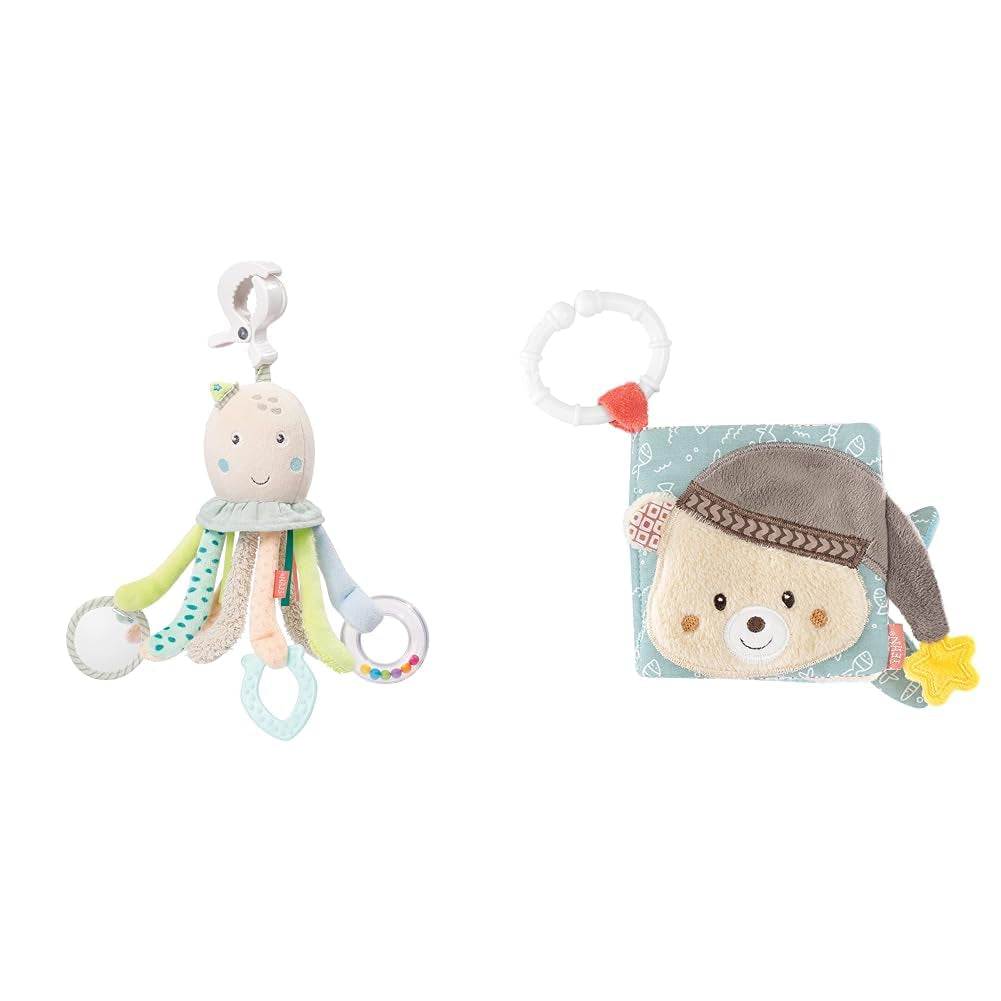 Fehn Jouet d'activité Poulpe - Jouet de motricité pour bébé pour poussettes et démarrages brillants, Oball, Jouet hochet avec balles de préhension pour la marche, Jouet interactif pour bébé Bebe Toys Naty Shop Octopus Touch Book Pack