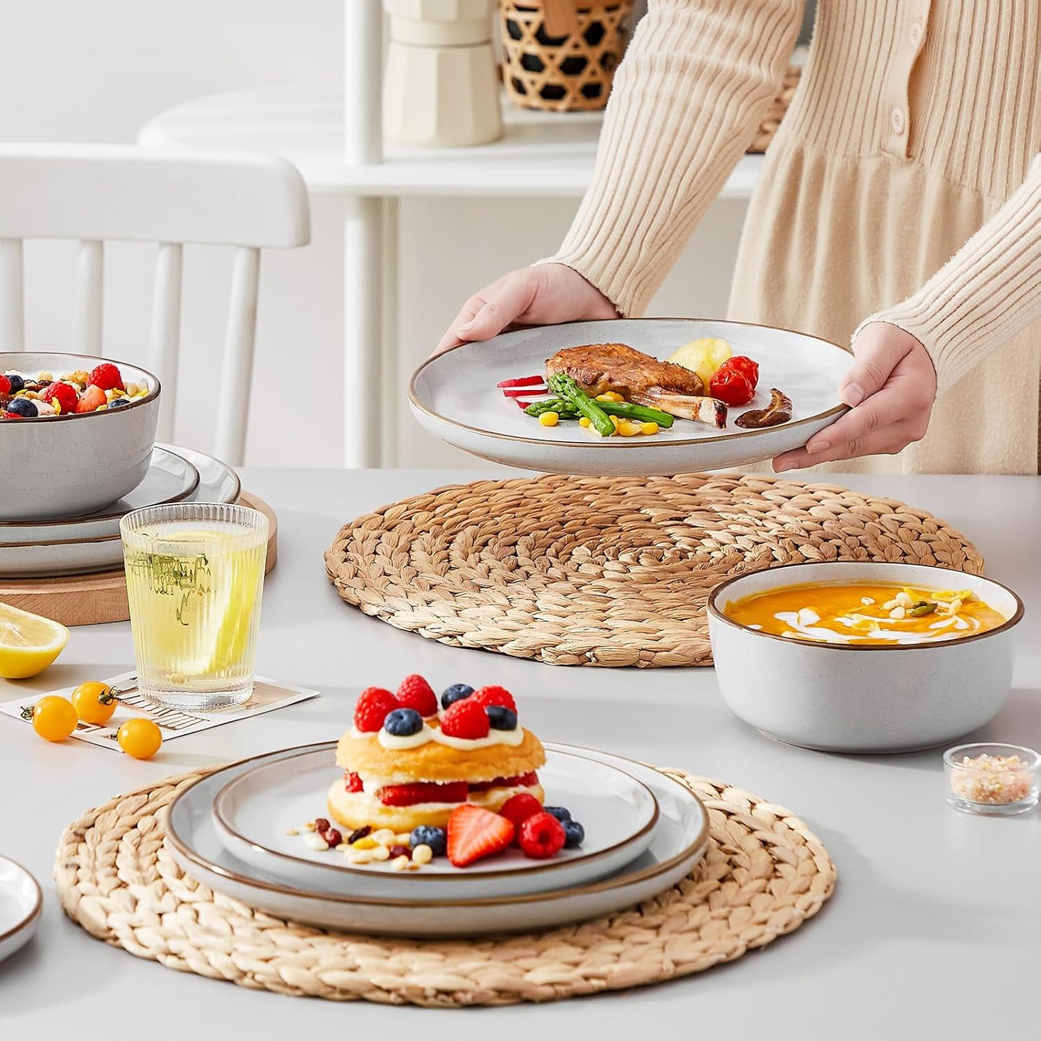 Vancasso LOIRE Service de table en grès pour 6 personnes, service de table 18 pièces pour 6 personnes, gris moderne, comprenant un bol, une assiette à dessert et une assiette plate, passe au micro-ondes et au lave-vaisselle