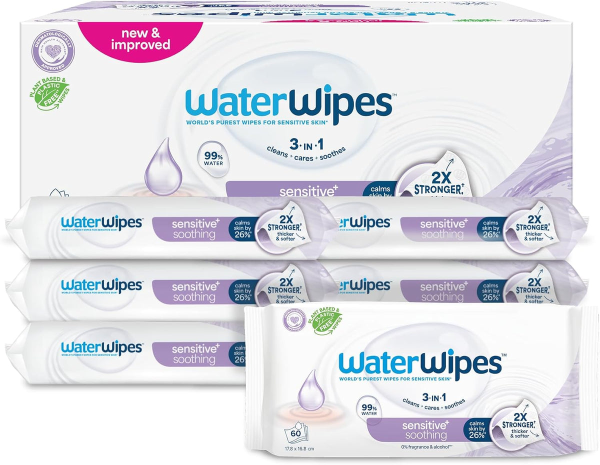 WaterWipes Sensitive+ Soothing Clean 360 pièces (paquet de 6) lingettes 3 en 1 nettoyantes, soignantes et apaisantes à 99 % d'eau avec extrait de plante, lingettes pour bébé non parfumées