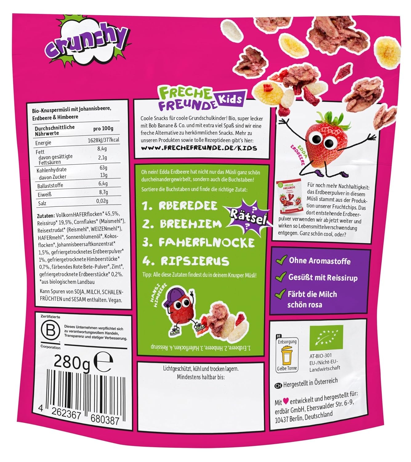 FRECHE FREUNDE Muesli de petit-déjeuner bio Mélange de muesli croquant aux baies d'Edda pour écoliers avec fraises lyophilisées Vegan 6 Pack (6 x 280g)
