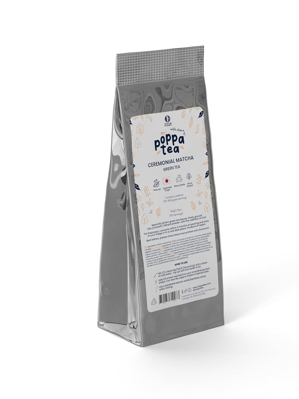 Thé Matcha Poppatea - Cérémonial - Feuilles de thé vert japonais (sac de recharge de 50 g, Matcha avec Chai)