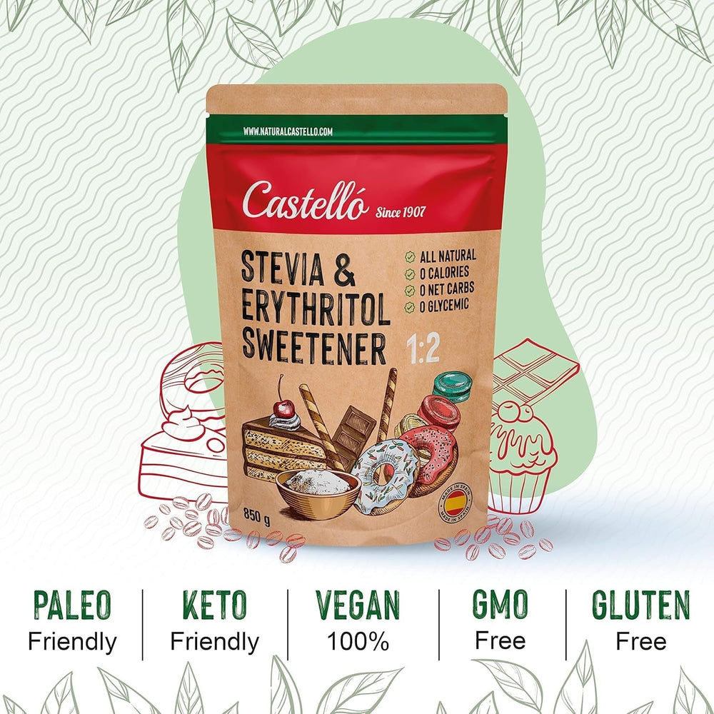 Stevia + Erythritol 1:2 Tissu sucré | 1G = 2G Zucker | Ingrédients 100% naturels - 0 calories - 0 indice glycémique - Keto et Paleo - 0 netto-khlenhydrate - Kein GVO - Castello depuis 1907 - 850 G Édulcorants Naty Shop