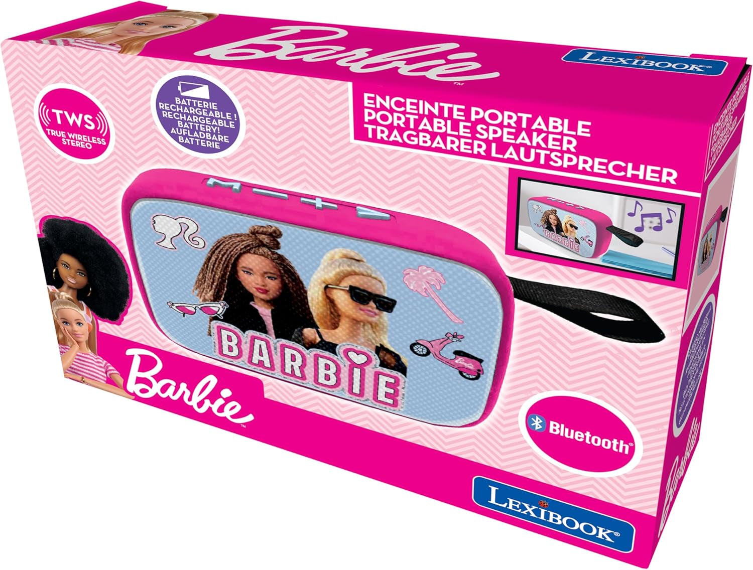 Lexibook Mattel Barbie - Enceinte Bluetooth portable, câbles, USB-C, carte SD/TF, haut-parleur Bluetooth, bleu/rosa, BT018BB