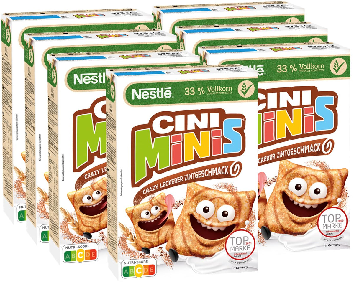 Nestlé CINI MINIS, Muesli à la cannelle, 37% de grains entiers vitaux, avec vitamines, calcium et fer, flocons croquants, paquet de 7 (7x375g)