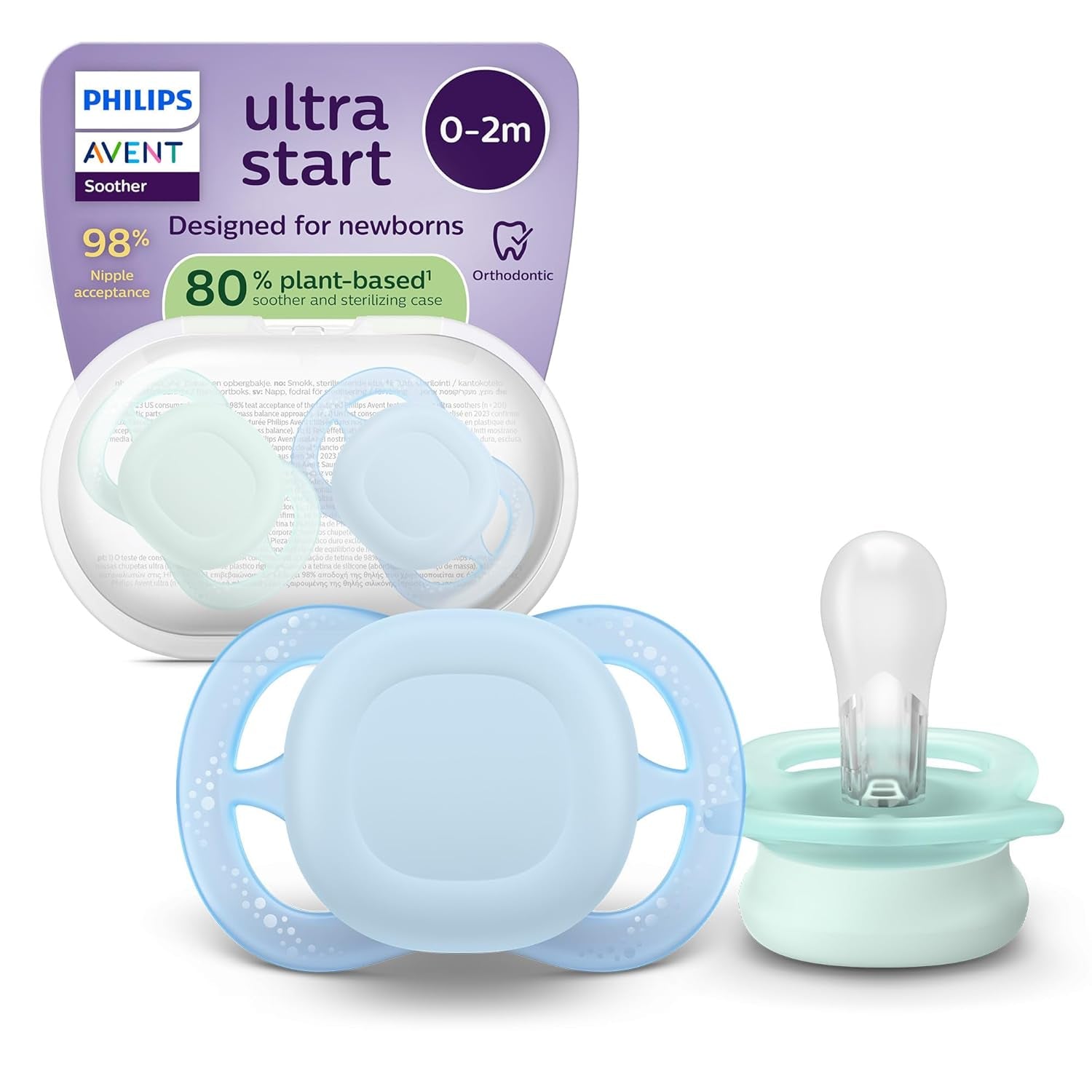 Philips AVENT Ultra Start Night Sucette, Sucette orthodontique pour nouveau-nés, Brille dans le noir, Sans BPA, avec récipient de stérilisation, Lot de 2, Lune, Étoile, SCF075/07