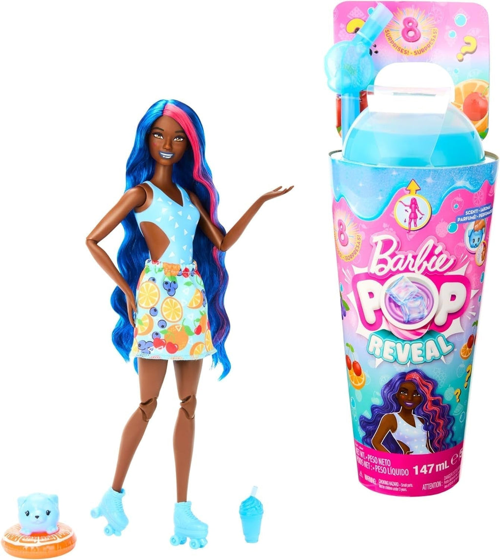 Barbie Pop Reveal Fruit - păpușă cu păr roșcat în aromă de pepene roșu, 8 surprize, fată squishy parfumată, păr și machiaj care își schimbă culoarea, pentru copii de la 3 ani, HNW43 Papusi Naty Shop Singur Parfum de punch de fructe