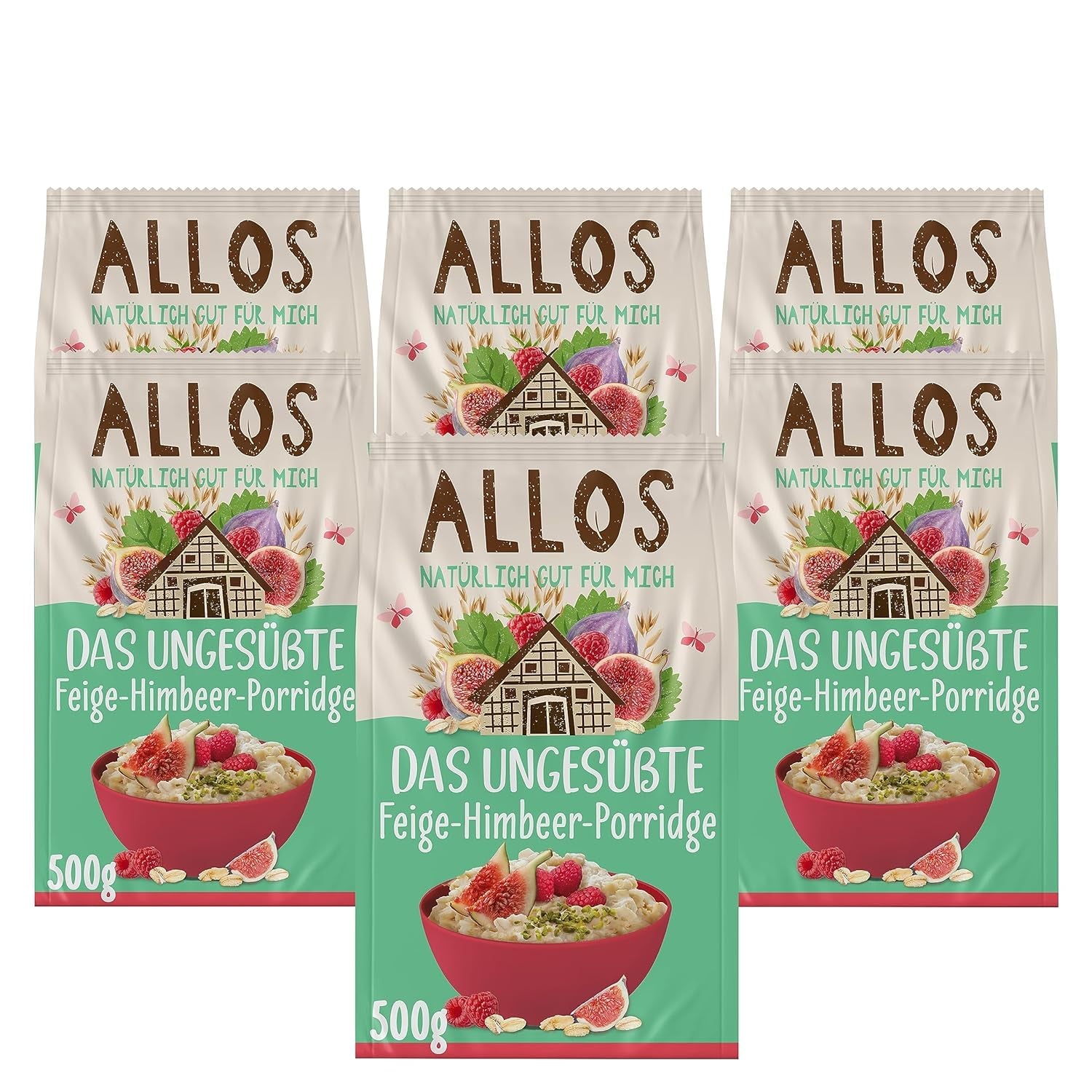 Porridge Allos non sucré aux figues et framboises | Porridge sans sucre | Muesli biologique | Muesli aux fruits | Gruau | Bouillie pour le petit déjeuner | Céréales pour le petit déjeuner | Végétalien | Paquet de 6 (6x500g)