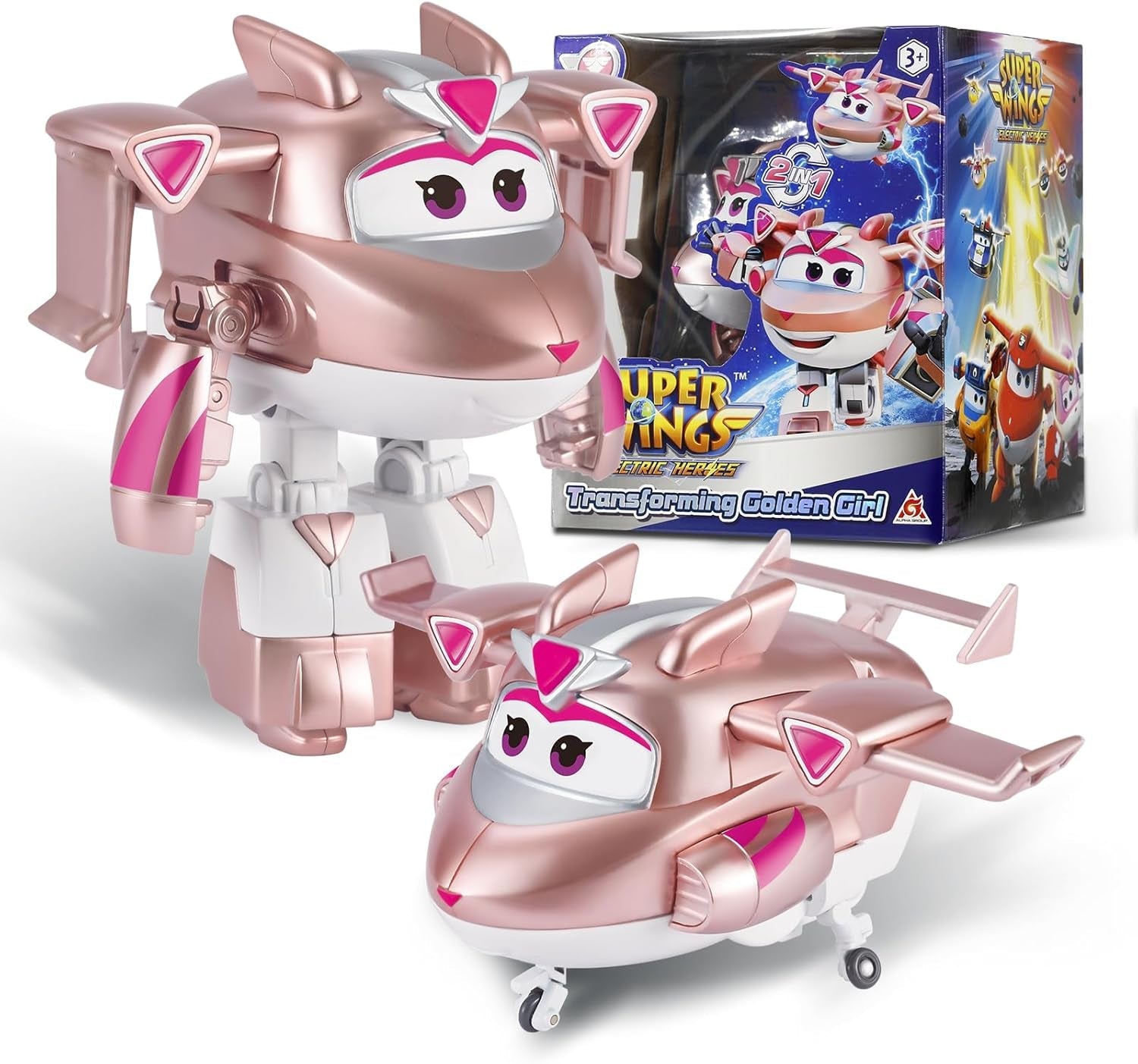 Avion de transformation Super Wings, voyageur suralimenté, env. Grande figurine de jeu pour enfants de 12,7 cm, jouet avion et robot pour garçons et filles de plus de 3 ans, figurines d'action argentées Naty Shop Gold Girl