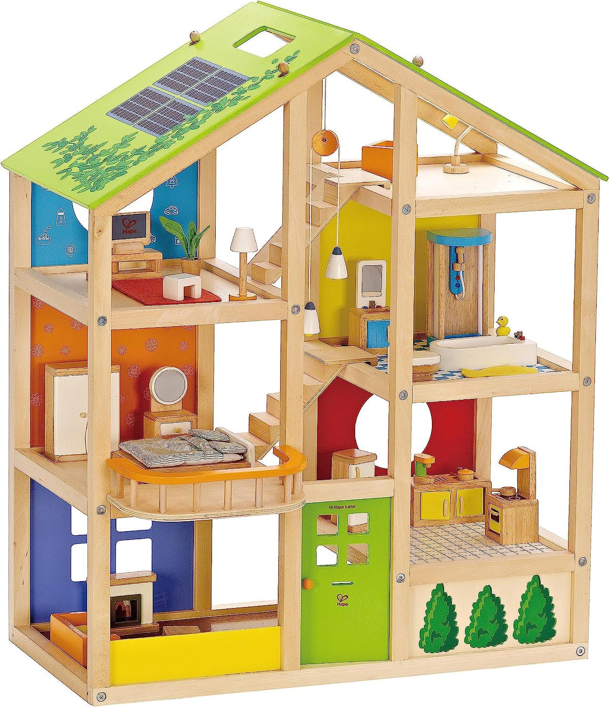 Hape Four Seasons Wooden Doll's House Maison de poupée primée à trois étages avec meubles, accessoires, escaliers mobiles et toit réversible pour chaque saison Dollhouses Naty Shop Maison quatre saisons (meublée)