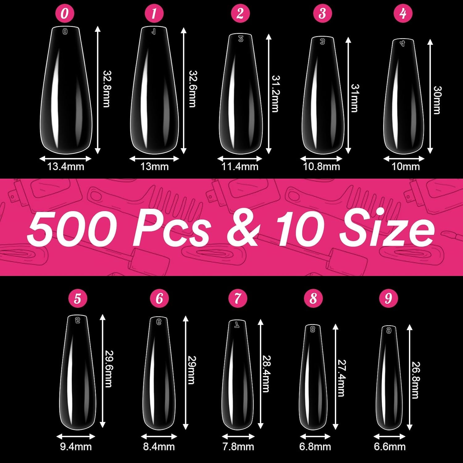 Alyvisun Lot de 500 faux ongles en acrylique à couverture complète avec 240 autocollants pour ongles, 10 tailles de pointes d'ongles en gel transparent, pointes d'ongles en gel souple, pointes d'ongles ballerine